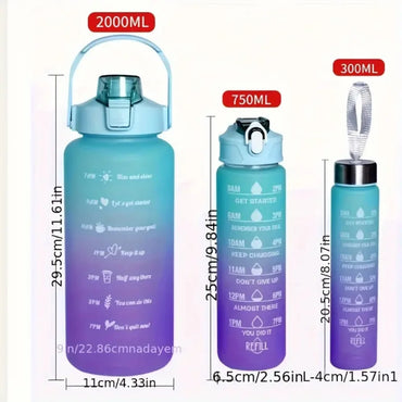 Multi-Color 3-Piece Water Bottle Set, Leak Proof Gradient Sports Bottle, Portable PC Drink Container With Time Stamp And Straw F