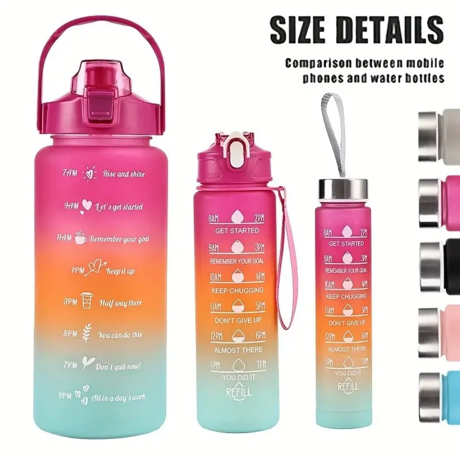 Multi-Color 3-Piece Water Bottle Set, Leak Proof Gradient Sports Bottle, Portable PC Drink Container With Time Stamp And Straw F