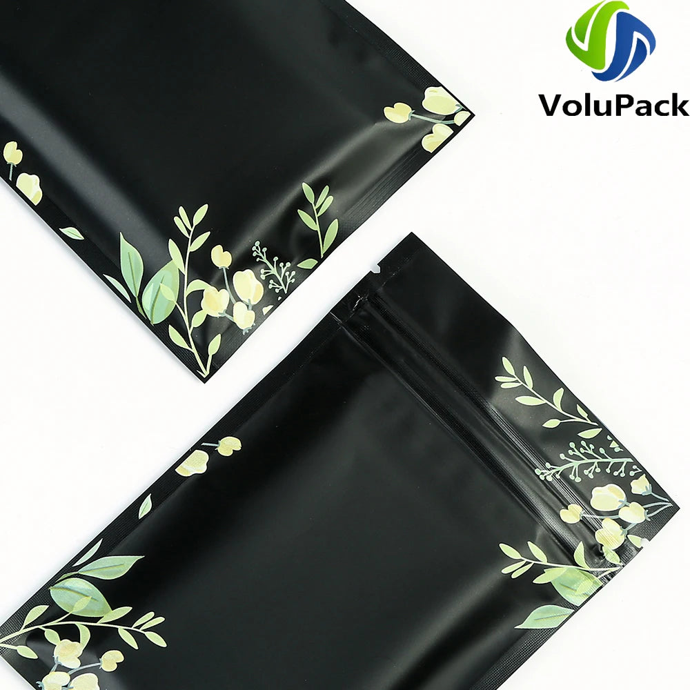 Mylar Packaging Bags,Recyclable Eco Plastic Bags,Heat Seal Zipper Bags,Black and Printed Tear Notch Pouches,Aluminum Foil,100Pcs