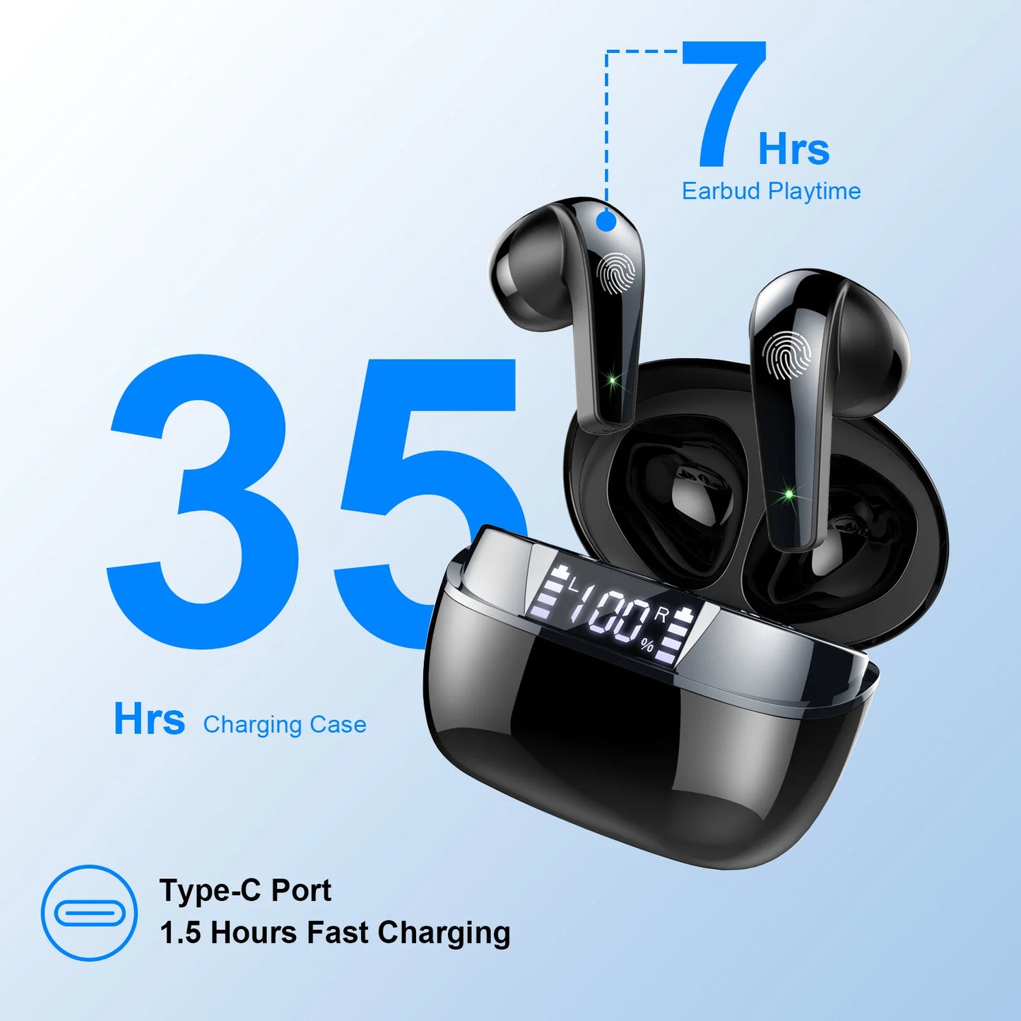 Wireless Earbuds, Bluetooth 5.3 Headphones In Ear with Dual Mic, 35H Wireless Earphones Sport with ENC Noise Canceling Mic.