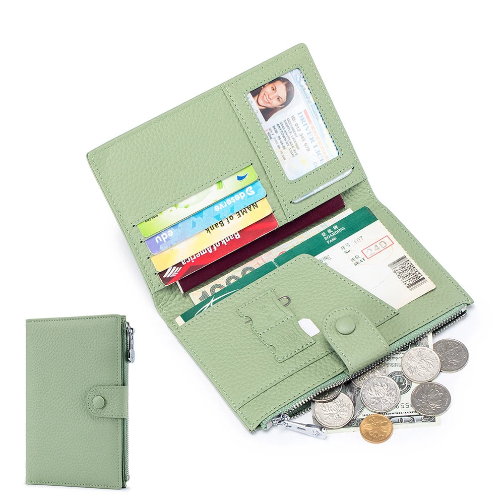 Unisex RFID-Blocking Ultra-Thin Genuine Leather Passport Wallet Anti-Skimming Travel Organizer w/Ticket Pocket Card Slot Purse
