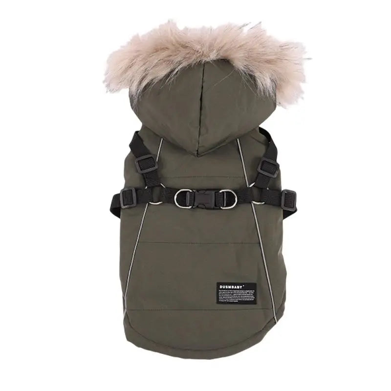Autumn Winter Warm Pet Dog Jacket With Harness Hooded Dog Padded Coat with Imitation Fur Hat For Small Medium Dogs Puppy Coat