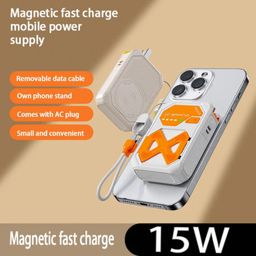 Magnetic Portable Wireless Charging Bank - 10000mAh, 22.5W fast charging, foldable AC plug, USB-C cable, built-in stand, multi-d