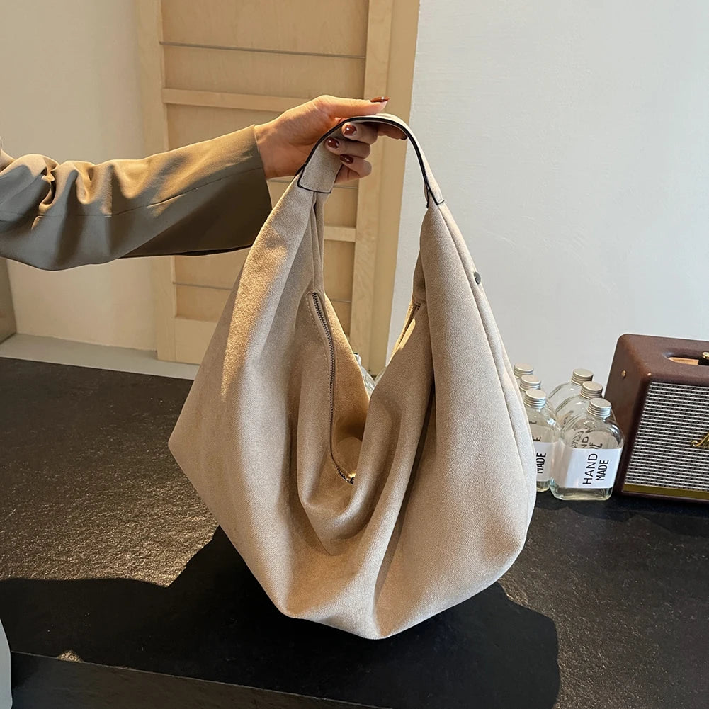 Female Bag Suede Quality Shoulder Bag with Zipper Solid Casual Top-Handle Bags Large Capacity Women Underarm Bag Travel Tote Bag