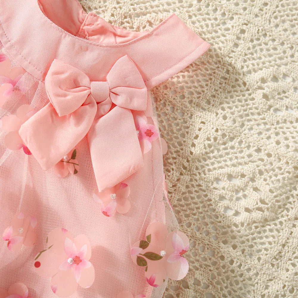 (0-3 Years Old) Summer Mesh All Over Flower Bow Baby Girl Dress Cute Sleeveless Girl Princess Dress