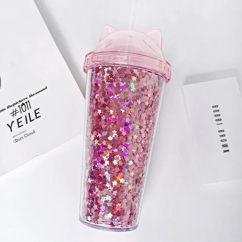 420ml Cat Ear Water Bottle for Girls with Sequins BPA FREE Double Wall Tumbler with Straw Reusable Smoothie Cup Drinkware