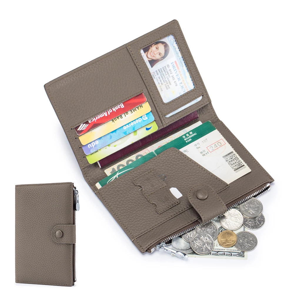 Unisex RFID-Blocking Ultra-Thin Genuine Leather Passport Wallet Anti-Skimming Travel Organizer w/Ticket Pocket Card Slot Purse