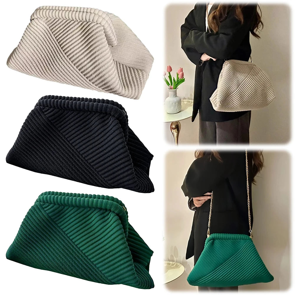 Women Evening Clutch Bag Corduroy Evening Purse Chain Strap Soft Clutch Handbag Stylish Crossbody Bag Trendy Sling Bag
