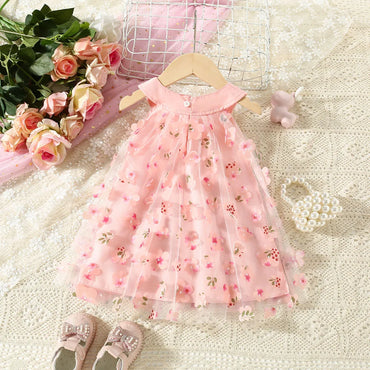 (0-3 Years Old) Summer Mesh All Over Flower Bow Baby Girl Dress Cute Sleeveless Girl Princess Dress