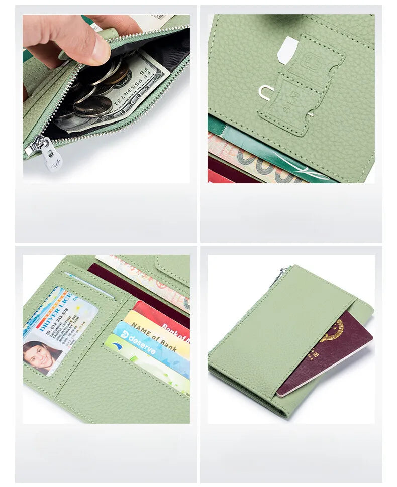 Unisex RFID-Blocking Ultra-Thin Genuine Leather Passport Wallet Anti-Skimming Travel Organizer w/Ticket Pocket Card Slot Purse
