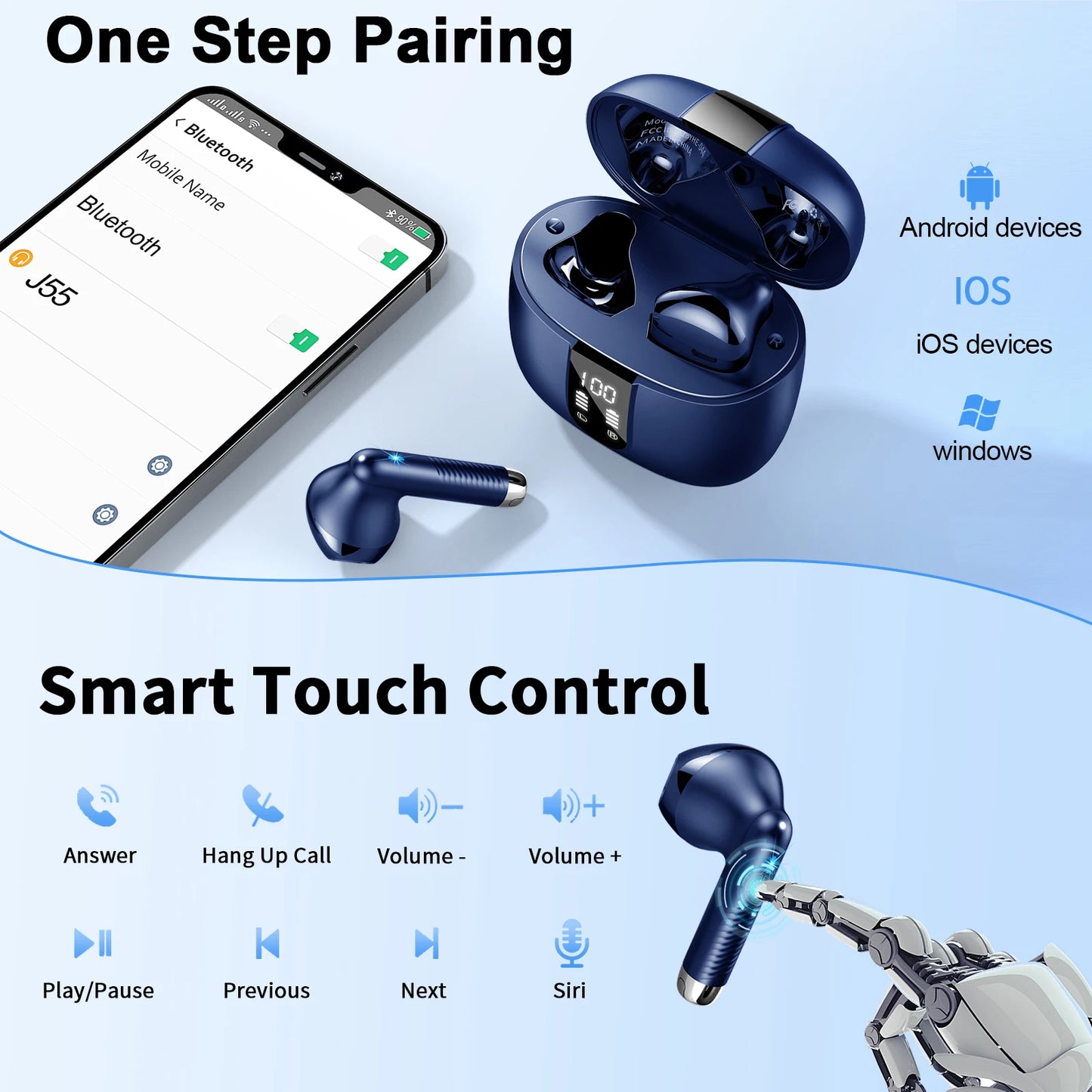 Wireless Earbuds, Bluetooth 5.3 Earbuds Stereo Bass, in-Ear Noise Cancelling Mic, Earphones IP7 Waterproof Sports, 40H Playback.