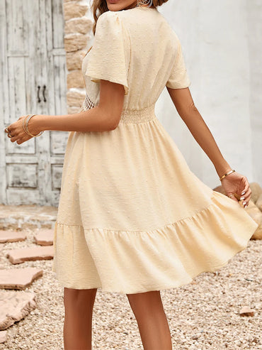Women A-Lined Dresses Short Sleeve V Neck Cutout High Waist Midi Party Street Summer Dress