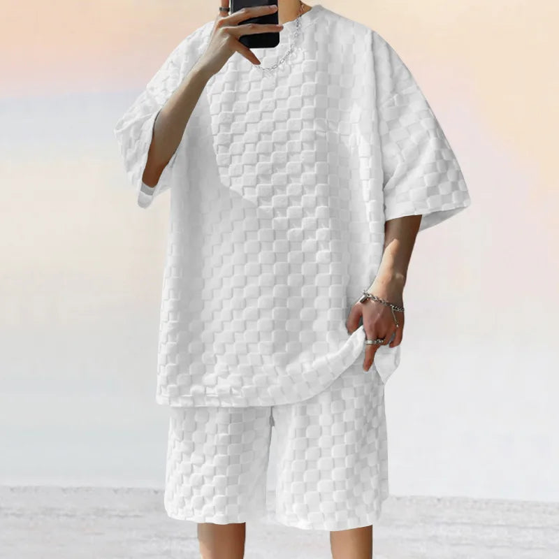 Men's Summer Jacquard Plaid Short-Sleeve T-Shirt And Loose Straight-Leg Casual Shorts Set