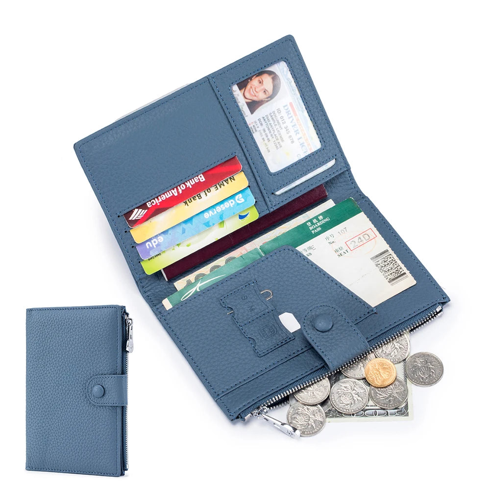 Unisex RFID-Blocking Ultra-Thin Genuine Leather Passport Wallet Anti-Skimming Travel Organizer w/Ticket Pocket Card Slot Purse