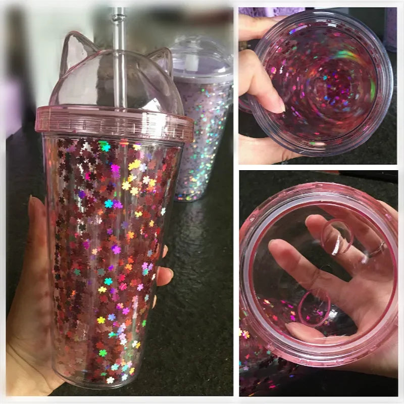 420ml Cat Ear Water Bottle for Girls with Sequins BPA FREE Double Wall Tumbler with Straw Reusable Smoothie Cup Drinkware