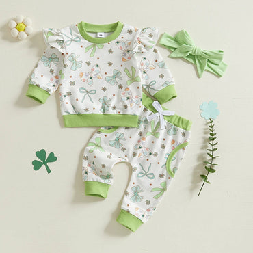 St Patrick s Day Baby Girl Outfits Green Shamrock Print Ruffle Sleeve Top Pants Headband 3Pcs Clothing Set for Toddler