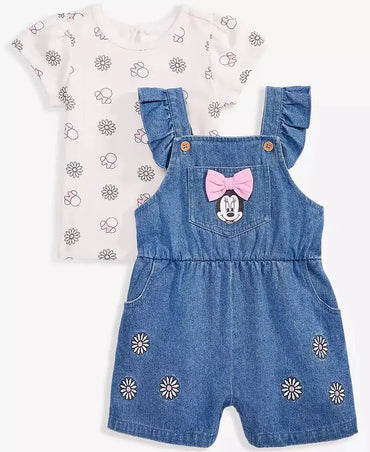 Disney | Baby Girl 2-Pc. Minnie T-Shirt & Denim Shortall Set