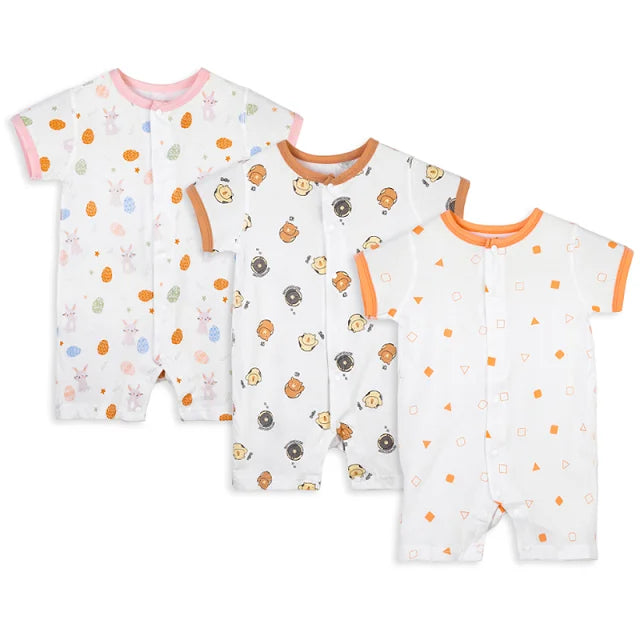 MICHLEY 3pcs Baby Short-Sleeve Rompers Long-Sleeve Jumpsuit Bodysuit Soft White Cartoon Infant Clothes Overalls For Boys Girls