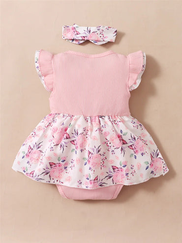 0-18 Months Baby Girl Floral Romper Dress Fly Sleeve Summer Ribbed Jumpsuit with Headband Newborn Baby Girl 2PCS Outfit