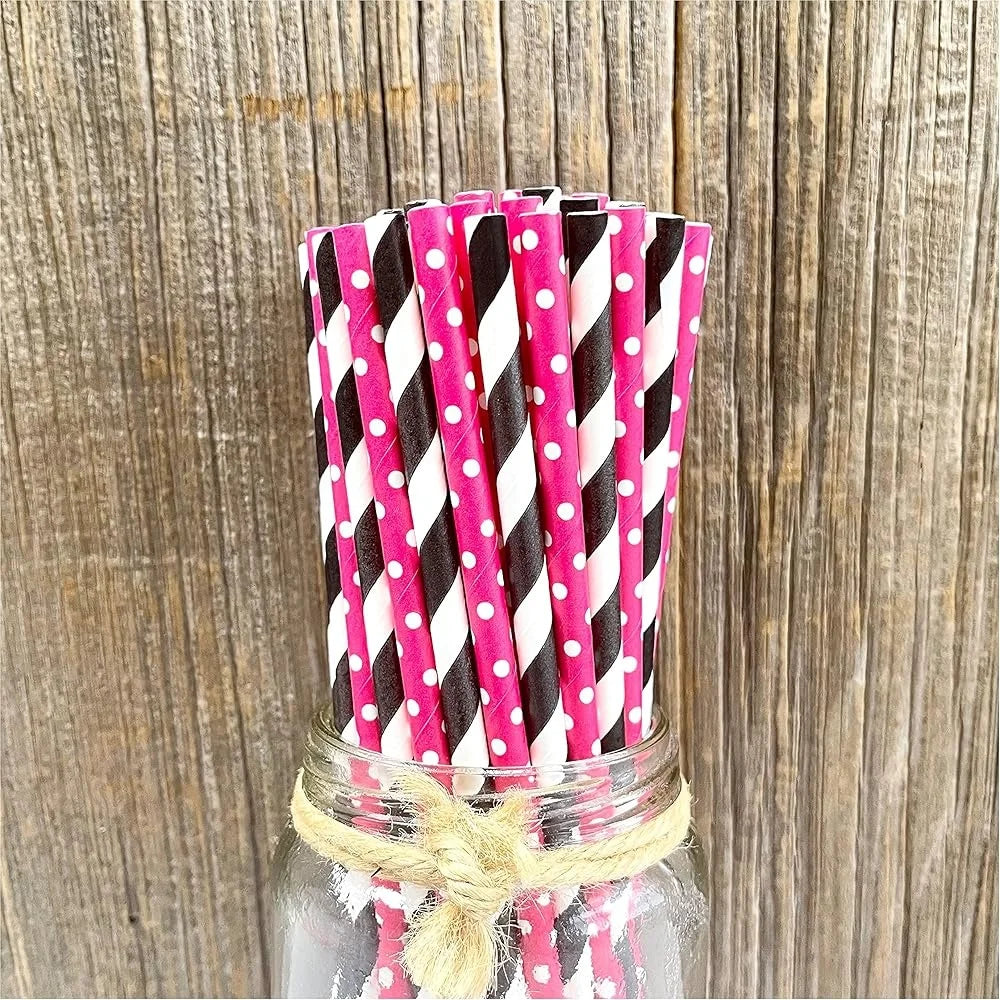 Diva Theme Biodegradable Paper Straws 100 Pack 7.75 Inch Stripe Polka Dot Perfect Parties Celebrations Events