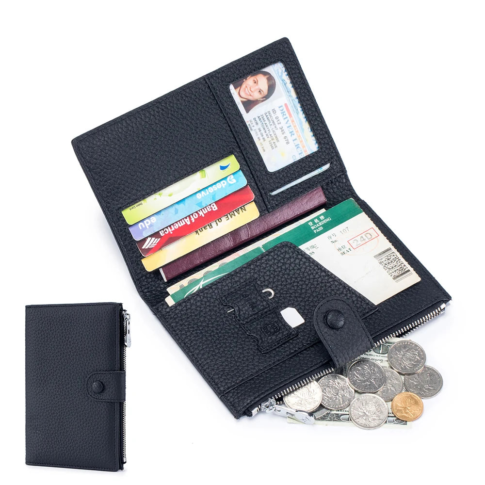 Unisex RFID-Blocking Ultra-Thin Genuine Leather Passport Wallet Anti-Skimming Travel Organizer w/Ticket Pocket Card Slot Purse