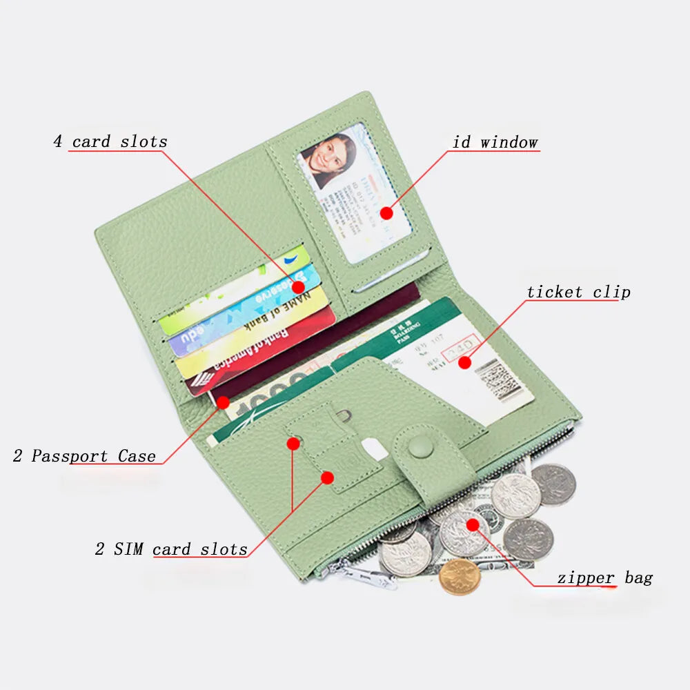 Unisex RFID-Blocking Ultra-Thin Genuine Leather Passport Wallet Anti-Skimming Travel Organizer w/Ticket Pocket Card Slot Purse