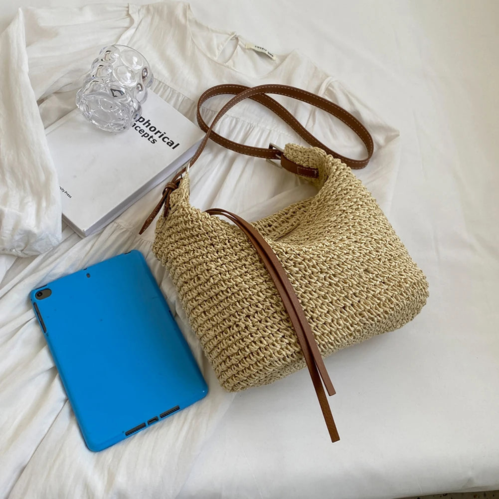 Elegant Woven Crossbody Bag Handmade Straw Messenger Bag Paper Rope Fashion Casual Simple Strap Adjustable Summer Beach Bag