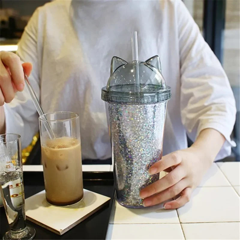 420ml Cat Ear Water Bottle for Girls with Sequins BPA FREE Double Wall Tumbler with Straw Reusable Smoothie Cup Drinkware