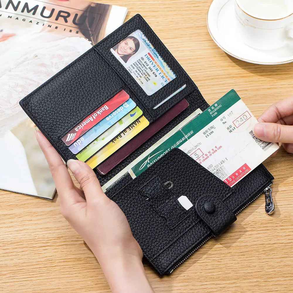 Unisex RFID-Blocking Ultra-Thin Genuine Leather Passport Wallet Anti-Skimming Travel Organizer w/Ticket Pocket Card Slot Purse