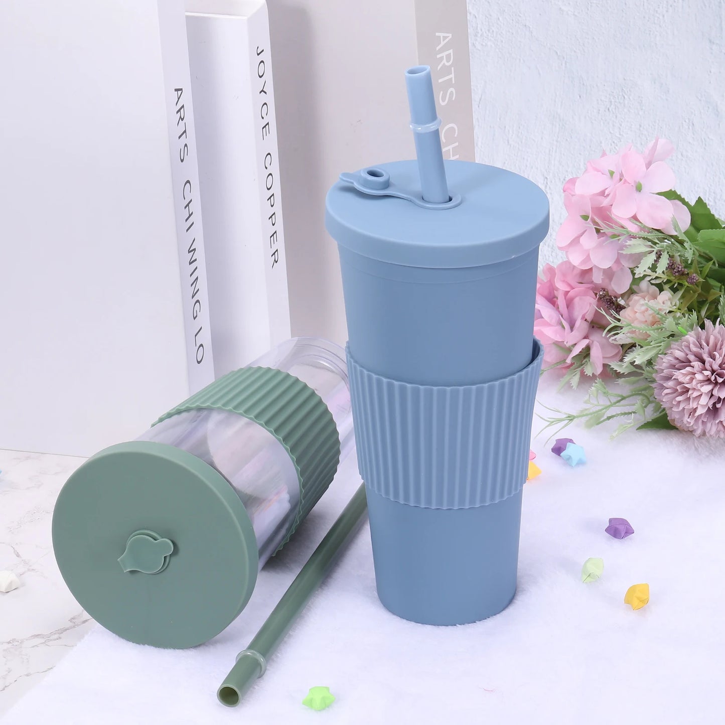 Reusable Boba Cups with Lid and Straw, 24 Oz Insulated Double Wall Acrylic Tumbler Cups with Wide Straw & Clean Brush