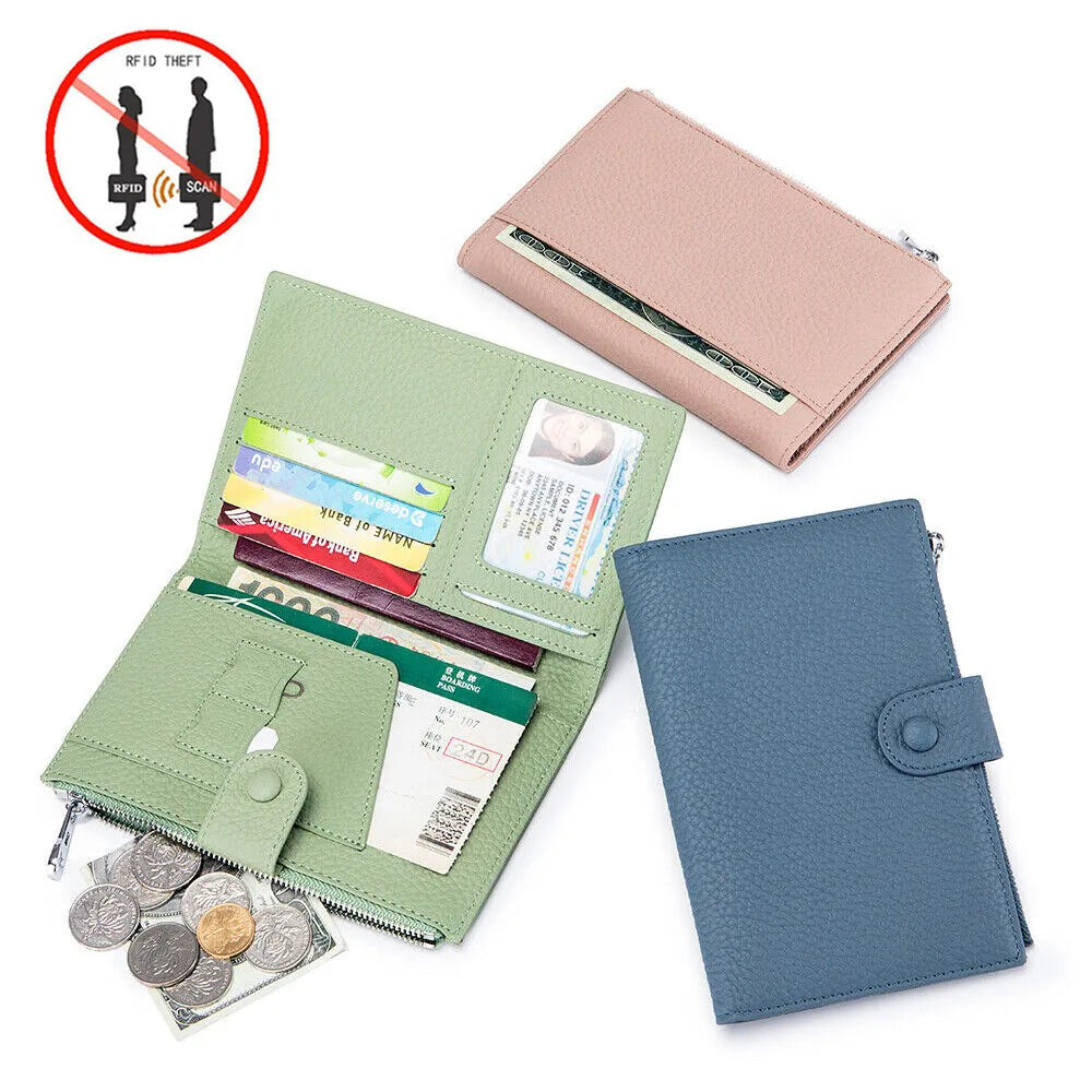Unisex RFID-Blocking Ultra-Thin Genuine Leather Passport Wallet Anti-Skimming Travel Organizer w/Ticket Pocket Card Slot Purse