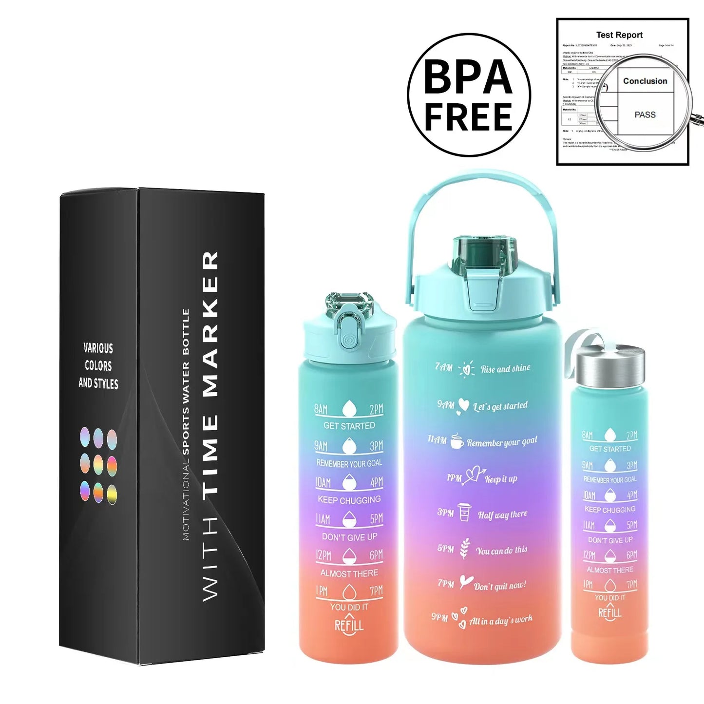 Multi-Color 3-Piece Water Bottle Set, Leak Proof Gradient Sports Bottle, Portable PC Drink Container With Time Stamp And Straw F