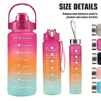 Multi-Color 3-Piece Water Bottle Set, Leak Proof Gradient Sports Bottle, Portable PC Drink Container With Time Stamp And Straw F