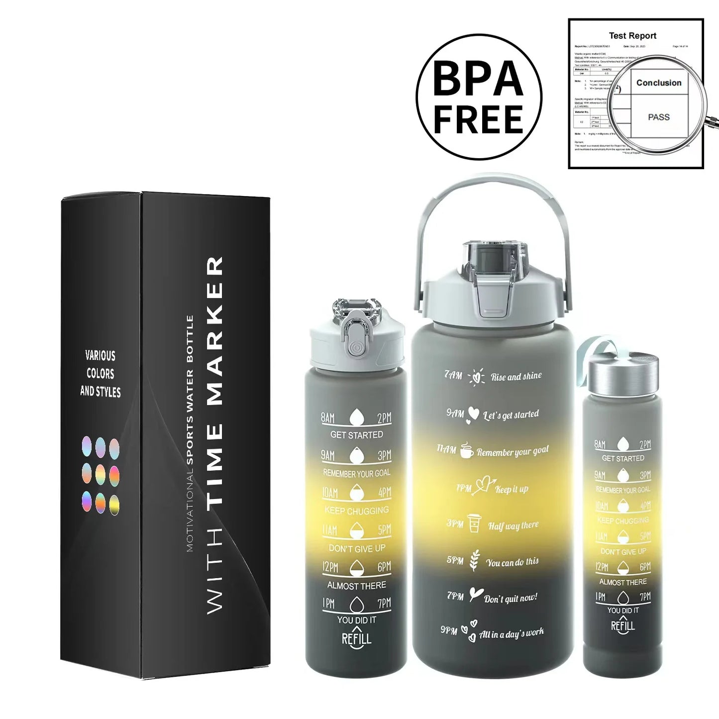 Multi-Color 3-Piece Water Bottle Set, Leak Proof Gradient Sports Bottle, Portable PC Drink Container With Time Stamp And Straw F