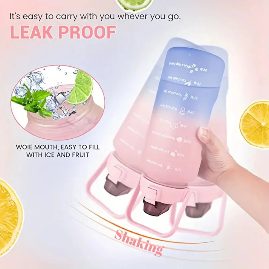Multi-Color 3-Piece Water Bottle Set, Leak Proof Gradient Sports Bottle, Portable PC Drink Container With Time Stamp And Straw F
