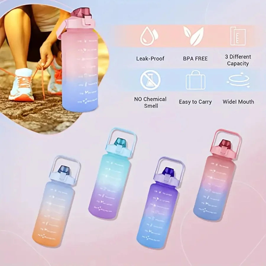 Multi-Color 3-Piece Water Bottle Set, Leak Proof Gradient Sports Bottle, Portable PC Drink Container With Time Stamp And Straw F