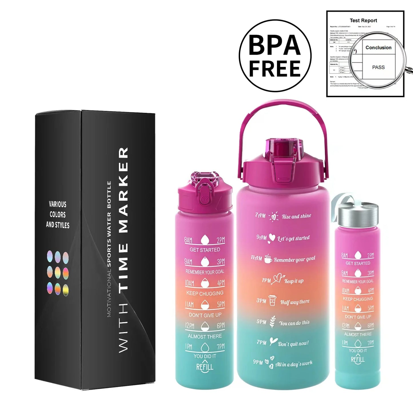 Multi-Color 3-Piece Water Bottle Set, Leak Proof Gradient Sports Bottle, Portable PC Drink Container With Time Stamp And Straw F