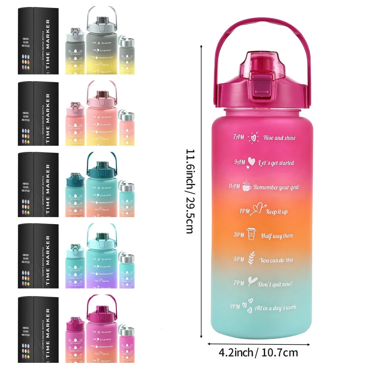 Multi-Color 3-Piece Water Bottle Set, Leak Proof Gradient Sports Bottle, Portable PC Drink Container With Time Stamp And Straw F