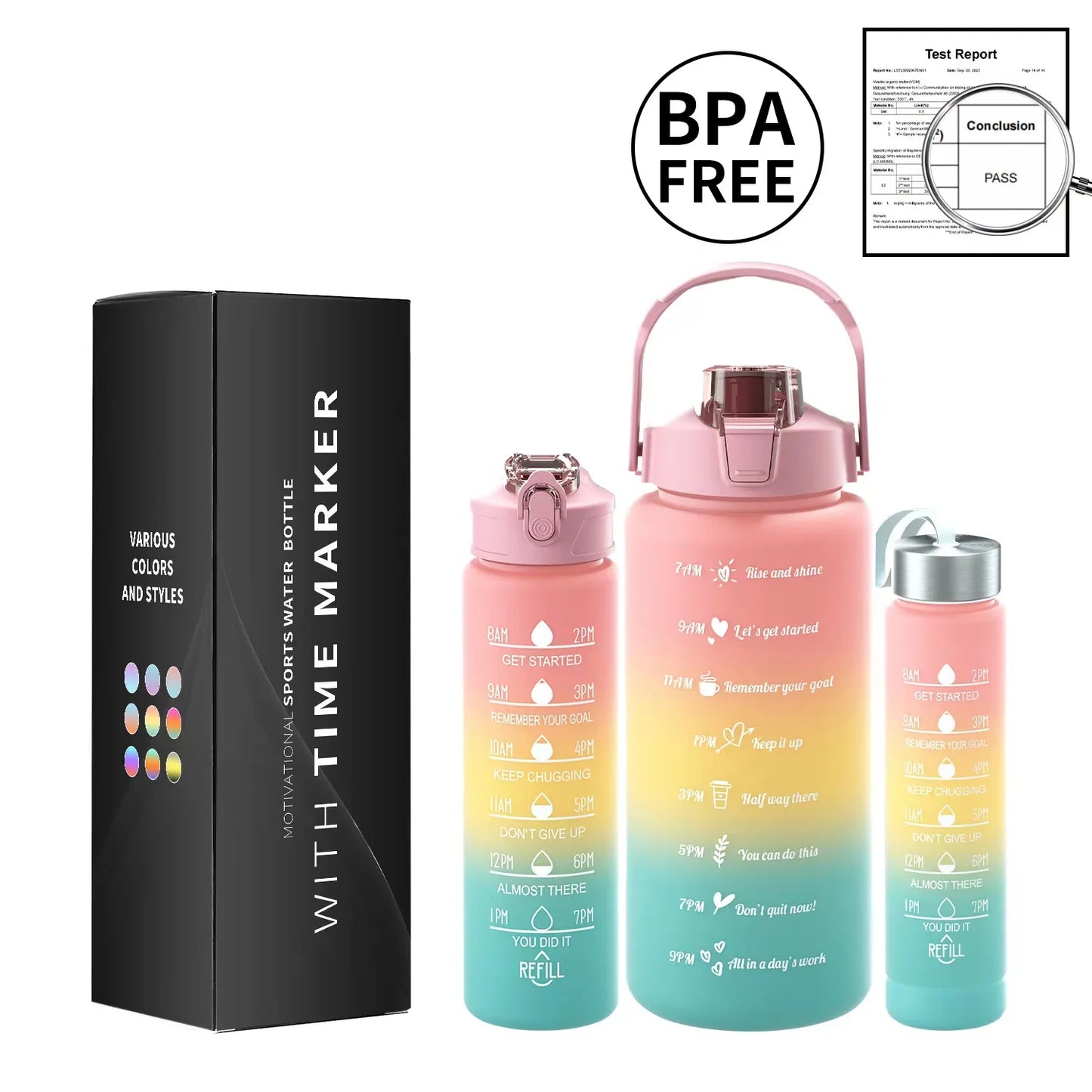 Multi-Color 3-Piece Water Bottle Set, Leak Proof Gradient Sports Bottle, Portable PC Drink Container With Time Stamp And Straw F