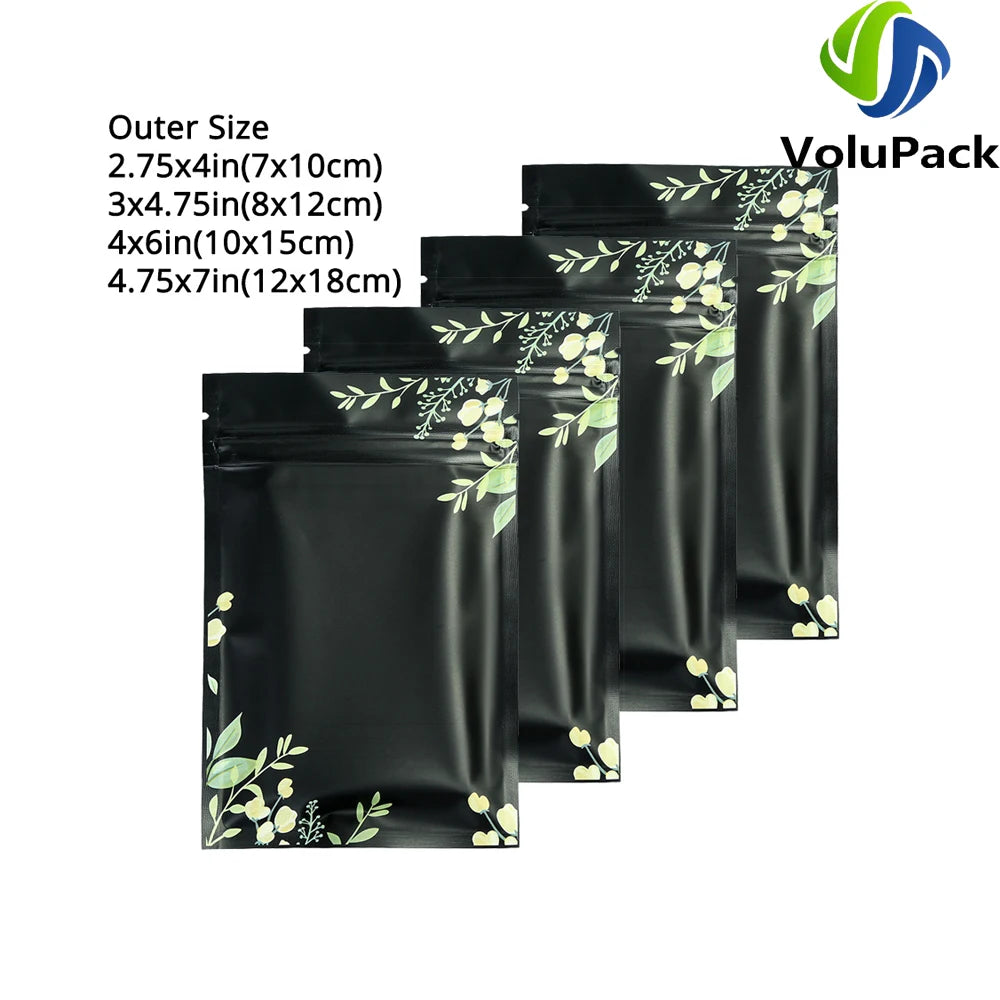Mylar Packaging Bags,Recyclable Eco Plastic Bags,Heat Seal Zipper Bags,Black and Printed Tear Notch Pouches,Aluminum Foil,100Pcs