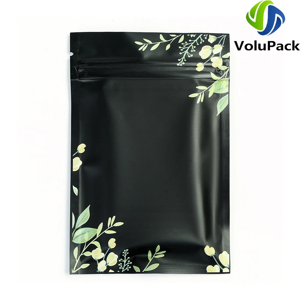 Mylar Packaging Bags,Recyclable Eco Plastic Bags,Heat Seal Zipper Bags,Black and Printed Tear Notch Pouches,Aluminum Foil,100Pcs