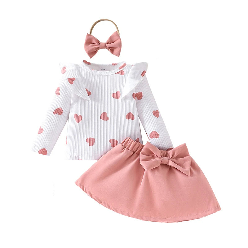3-Piece Baby Girls Dress Set Floral Print Short Sleeve Ruffled Ribbed Tops Bow Long Skirt Headband Outfits for Summer