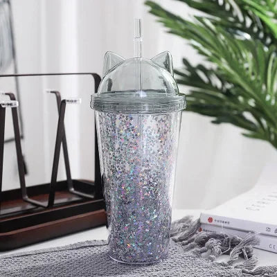 420ml Cat Ear Water Bottle for Girls with Sequins BPA FREE Double Wall Tumbler with Straw Reusable Smoothie Cup Drinkware