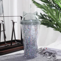 420ml Cat Ear Water Bottle for Girls with Sequins BPA FREE Double Wall Tumbler with Straw Reusable Smoothie Cup Drinkware