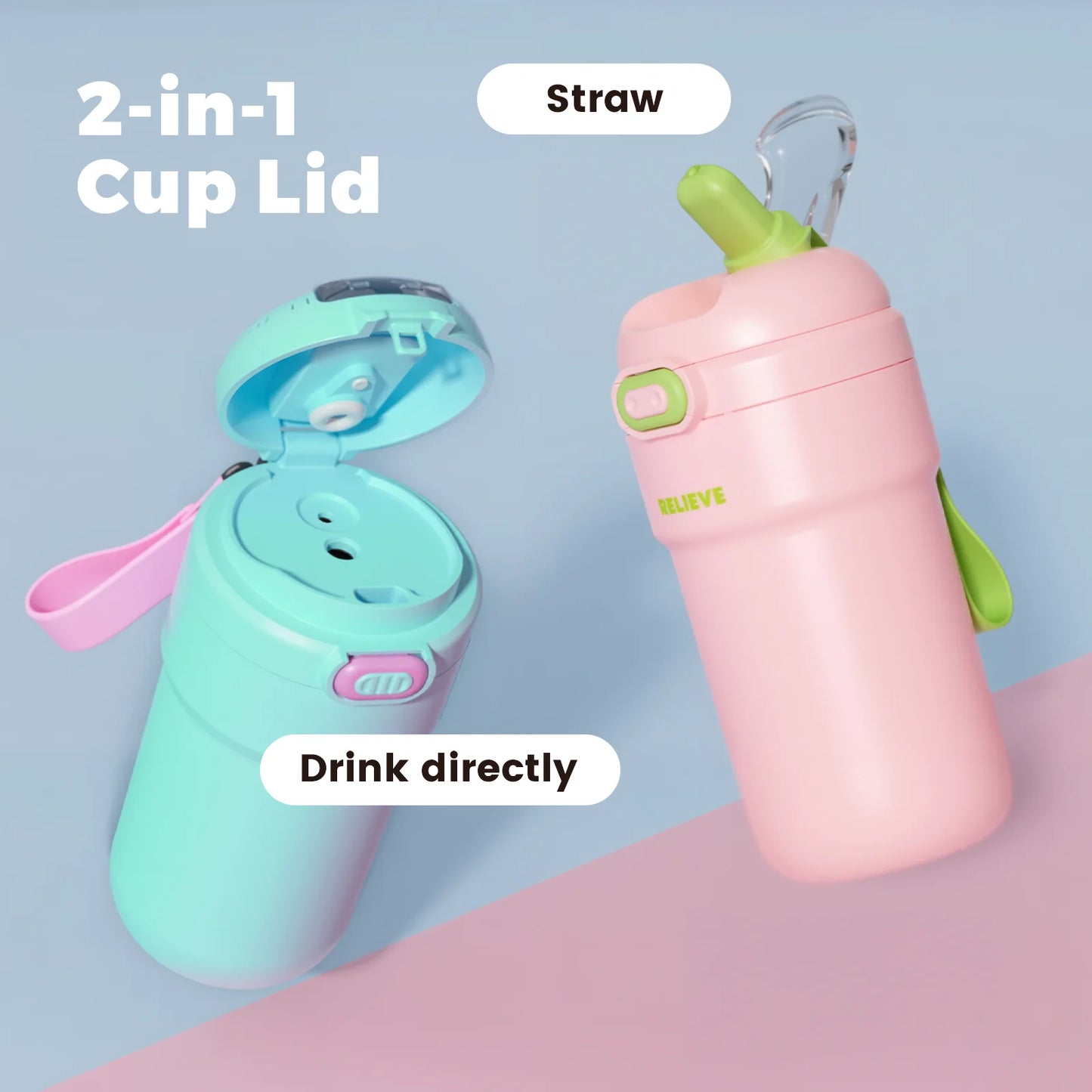 16oz  Vacuum Insulated Water Bottle with leak-proof lids and straw, 2-in-1 Dual-Access Switch Lid (Straw & Sip Modes) ,Leakproof
