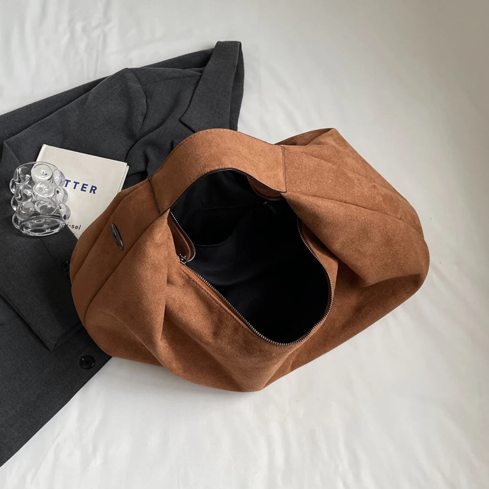 Female Bag Suede Quality Shoulder Bag with Zipper Solid Casual Top-Handle Bags Large Capacity Women Underarm Bag Travel Tote Bag