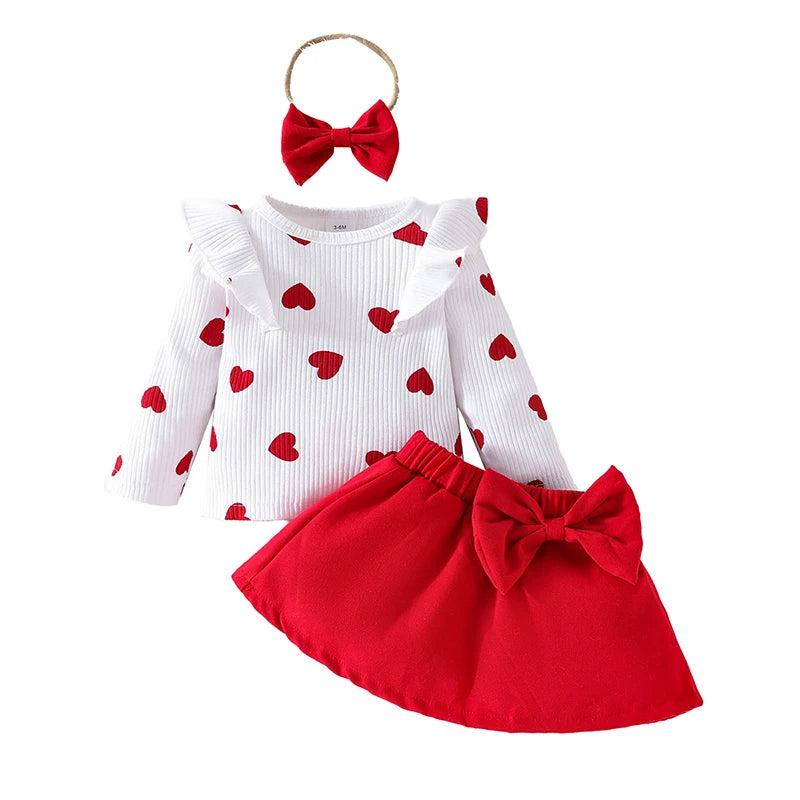 3-Piece Baby Girls Dress Set Floral Print Short Sleeve Ruffled Ribbed Tops Bow Long Skirt Headband Outfits for Summer