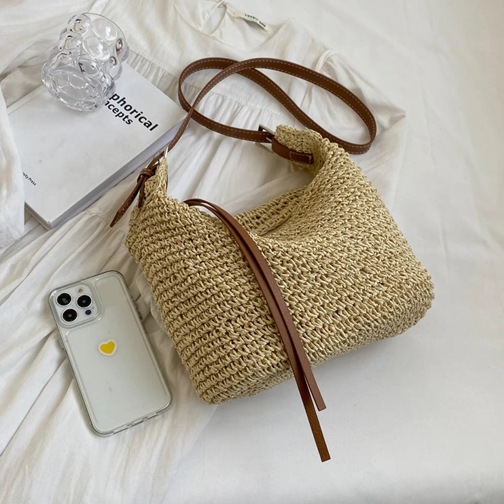 Elegant Woven Crossbody Bag Handmade Straw Messenger Bag Paper Rope Fashion Casual Simple Strap Adjustable Summer Beach Bag