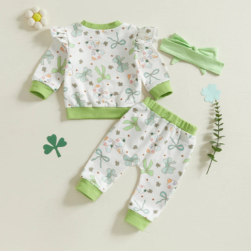 St Patrick s Day Baby Girl Outfits Green Shamrock Print Ruffle Sleeve Top Pants Headband 3Pcs Clothing Set for Toddler