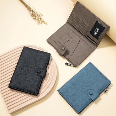 U‌nisex RFID-Blocking Ultra-Thin Genuine Leather Passport Wallet Anti-Skimming Travel Organizer w/Ticket Pocket Card Slot Purse